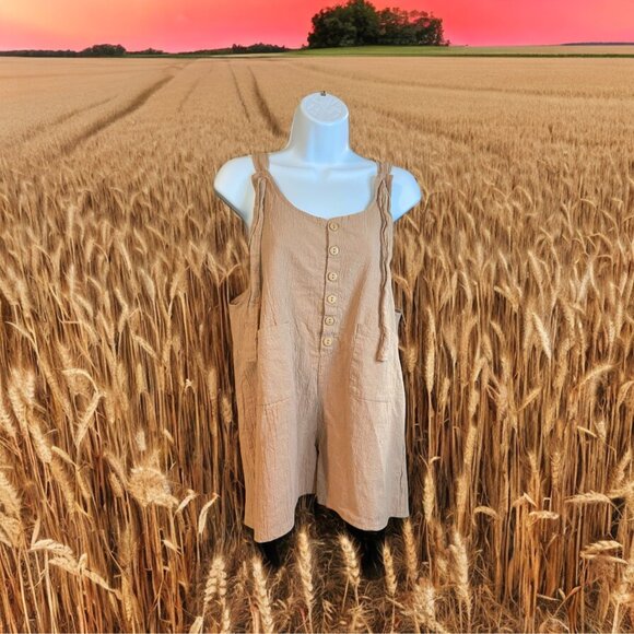 Womens Sleeveless Romper Large Tan Tied Bow Straps Button Accents Minimalist Y2K - Picture 1 of 8